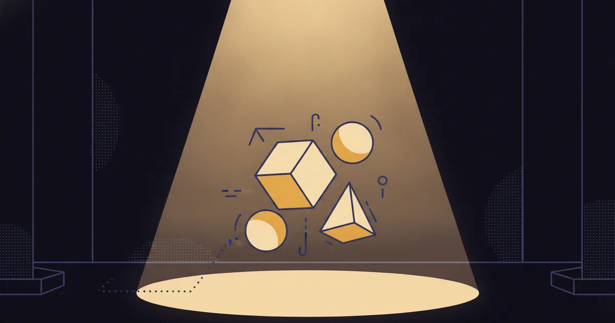 geometric forms in a warm spotlight pool on a dark stage