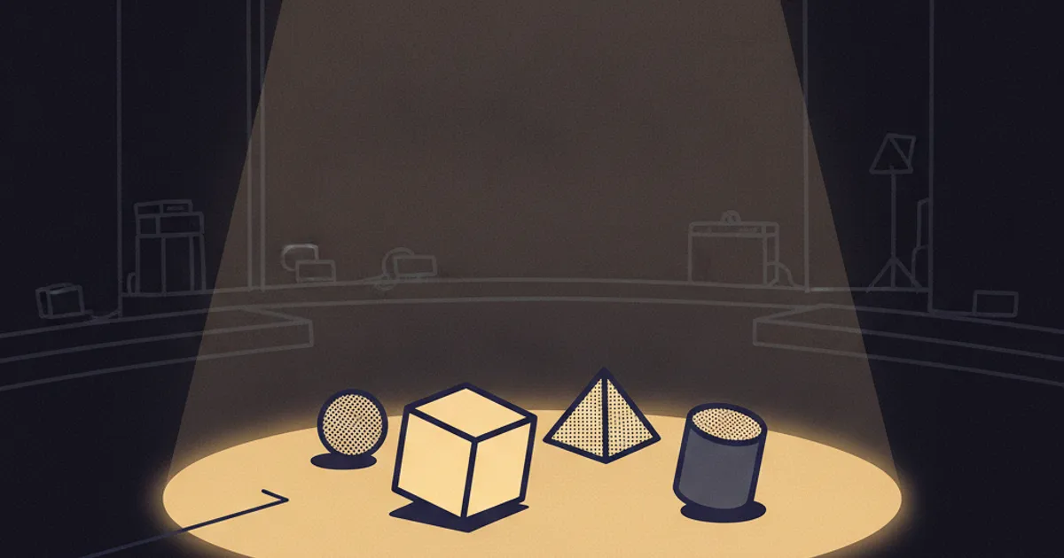 geometric forms in a warm spotlight pool on a dark stage